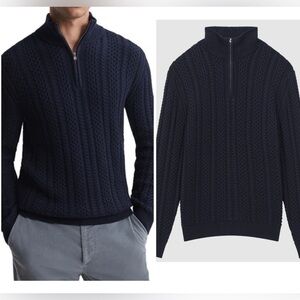 Reiss CABLE KNIT HALF-ZIP FUNNEL NECK JUMPER IN NAVY NWT